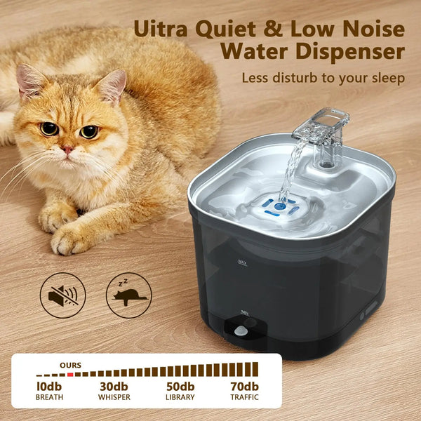 Wireless Stainless Steel Cat Water Fountain with 5000mAh Battery, 2.2L Capacity, Motion Sensor, Ultra Quiet Pump, and 4-Stage Filtration for Cats and Small Dogs